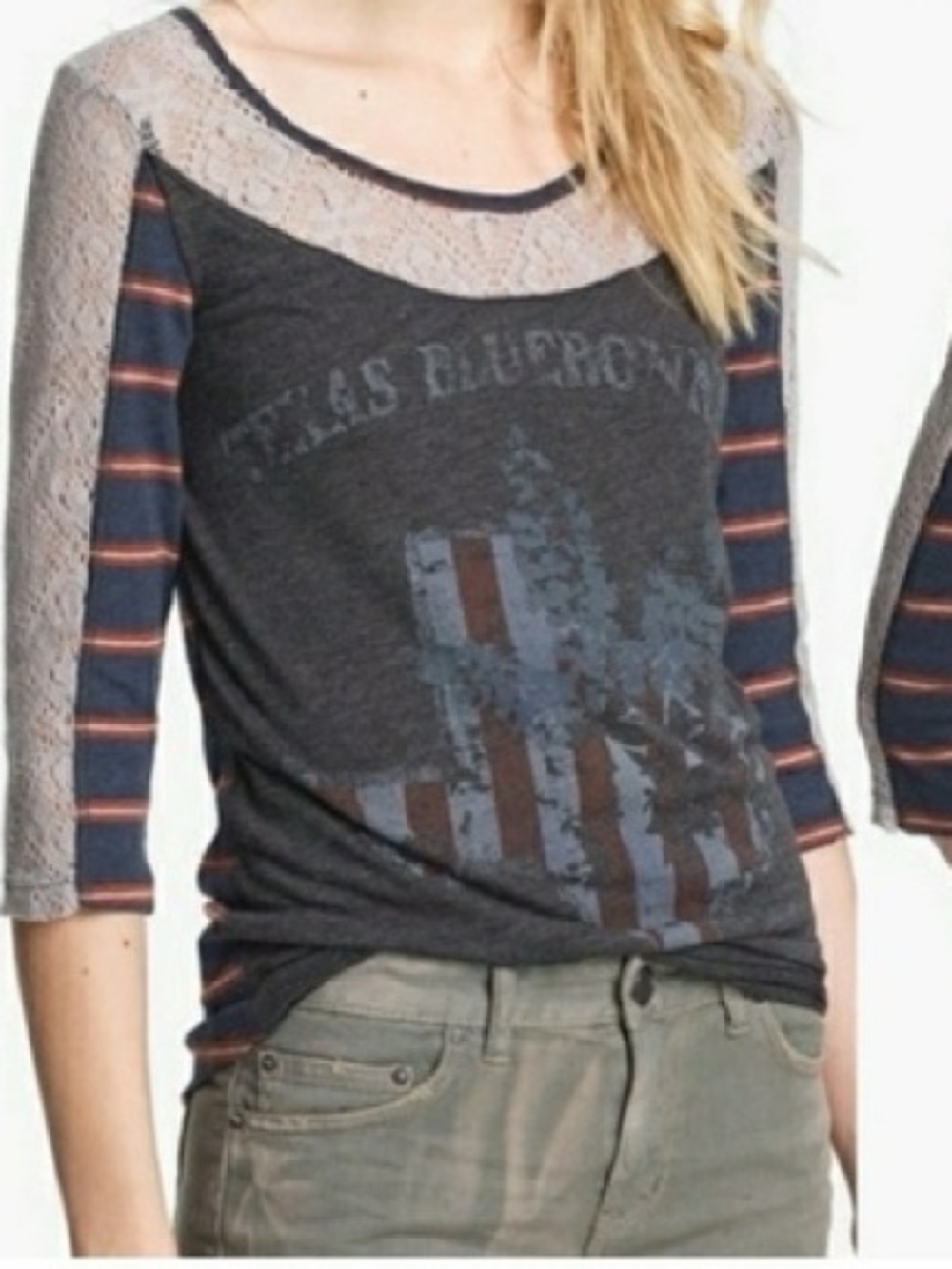 FREE PEOPLE Navy and Gray Striped Raglan Graphic Long Sleeve Top